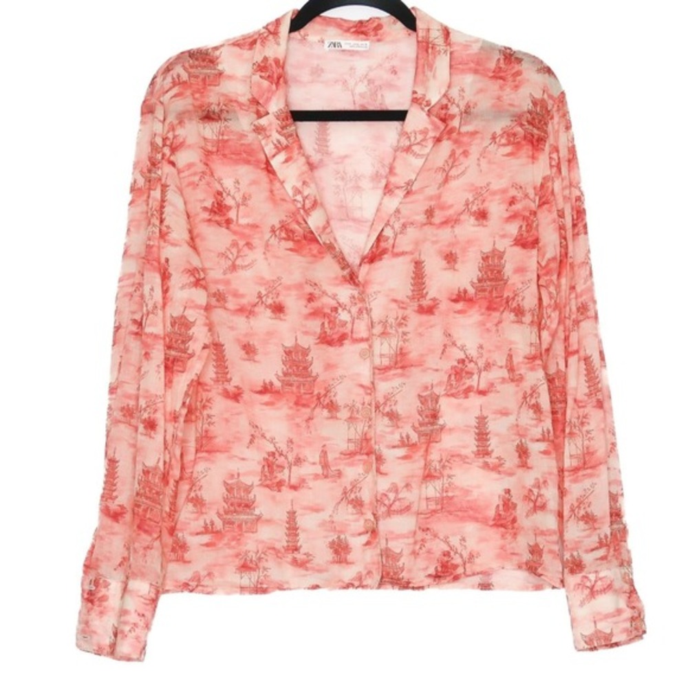 Zara Pajama Top Size 8 Button Up 100% Cotton Long Sleeve Pink Japanese Print